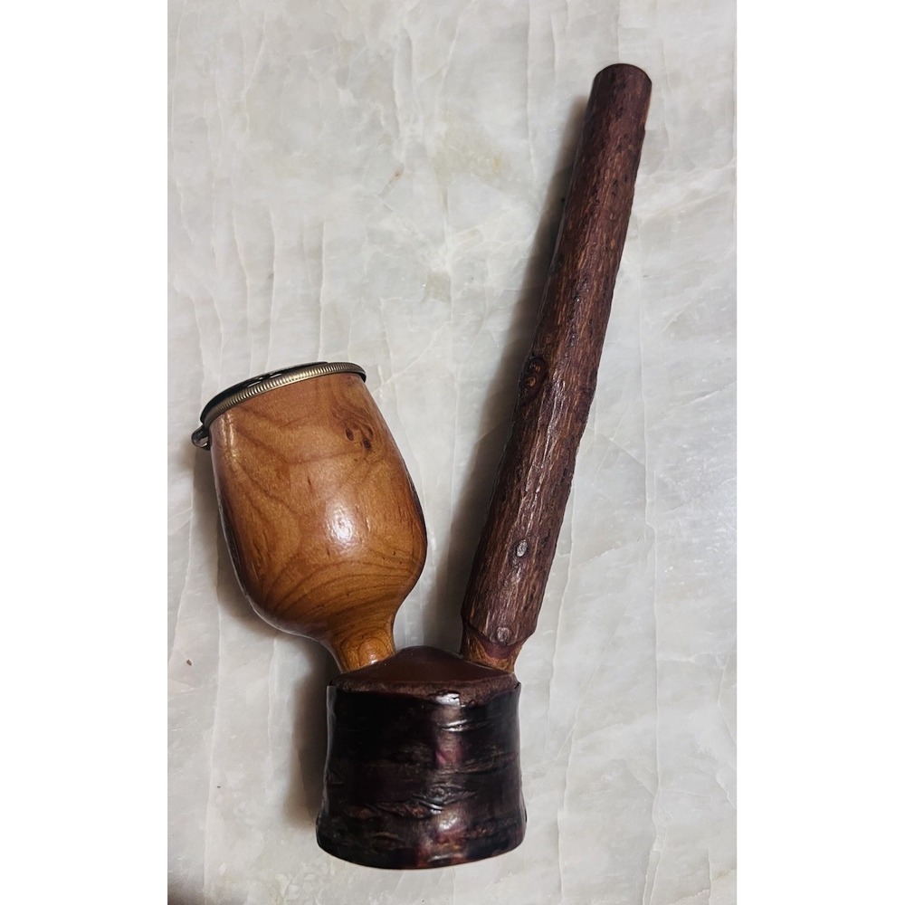 Vintage Rustic Wood Tobacco Pipe 6.5" Hinged Wind Cap Folk Art France Find